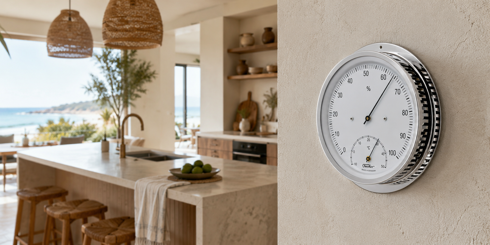 home climate meter hygrometer and thermomenter on kitchen wall