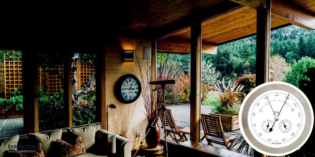 Modern living room with large wall clock and German barometer, garden view outside