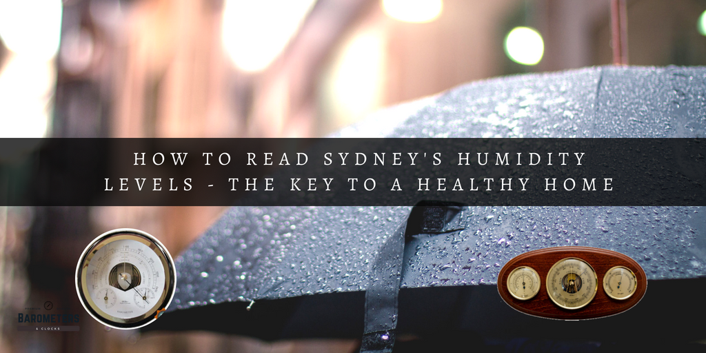 Sydney humidity guide with raindrop-covered umbrella, barometer, hygrometer, weather instruments
