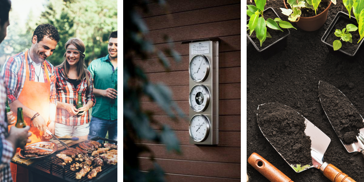 Triple weather station with barometer, hygrometer, and thermometer mounted on outdoor wall