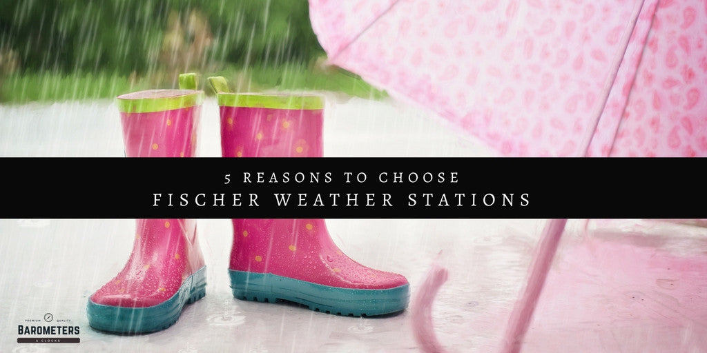 Pink rain boots and umbrella in heavy rain, promoting weather stations.