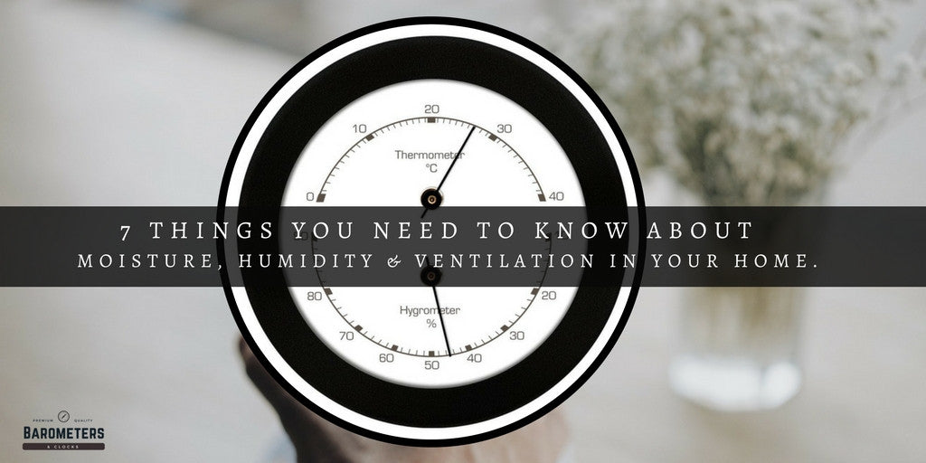 Hand holding hygrometer and thermometer, text overlay about moisture, humidity, and ventilation tips