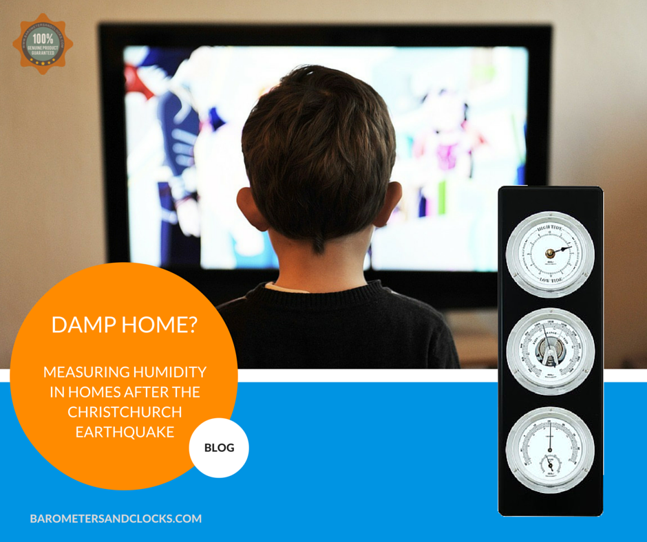 Child watching TV with humidity meter, hygrometer, and barometer for home moisture monitoring