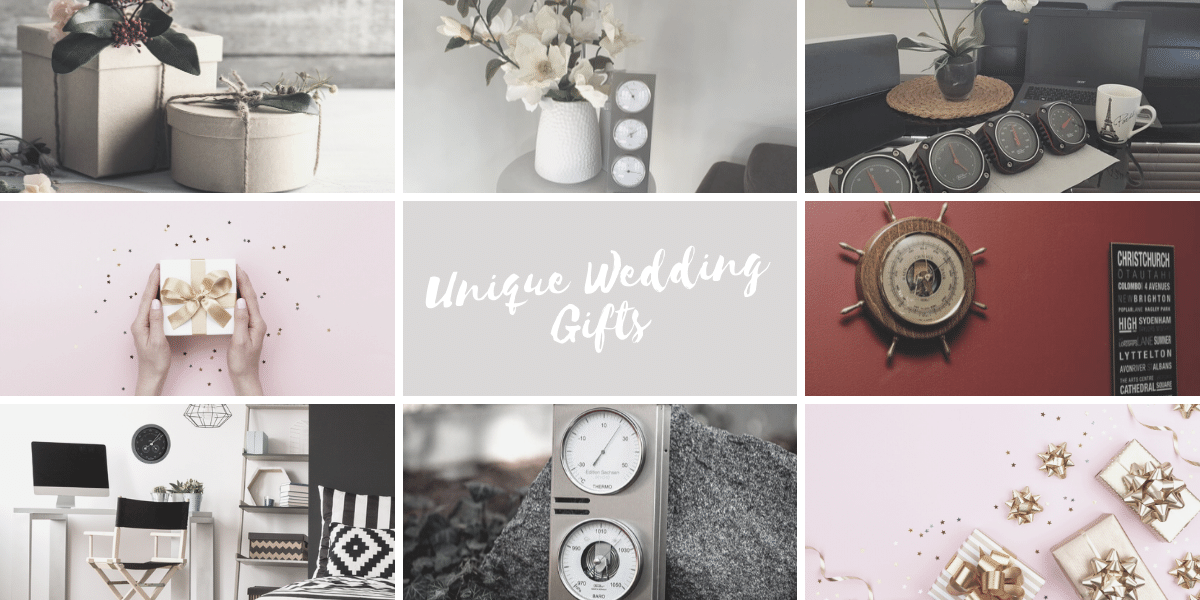 Collage of unique wedding gift ideas featuring barometers, clocks, gift boxes, and home décor.