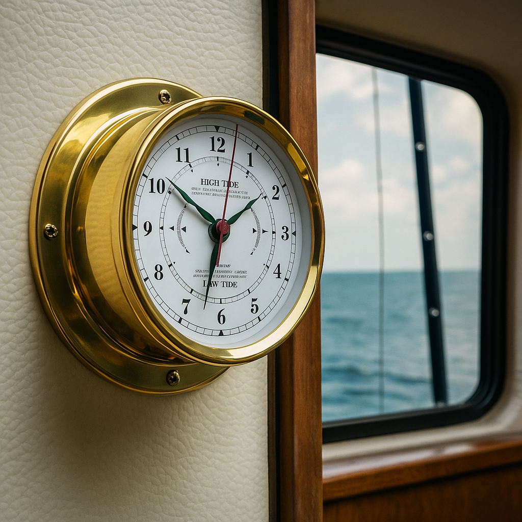 Brass tide clock with high/low tide indicators mounted on boat interior, ocean view through window
