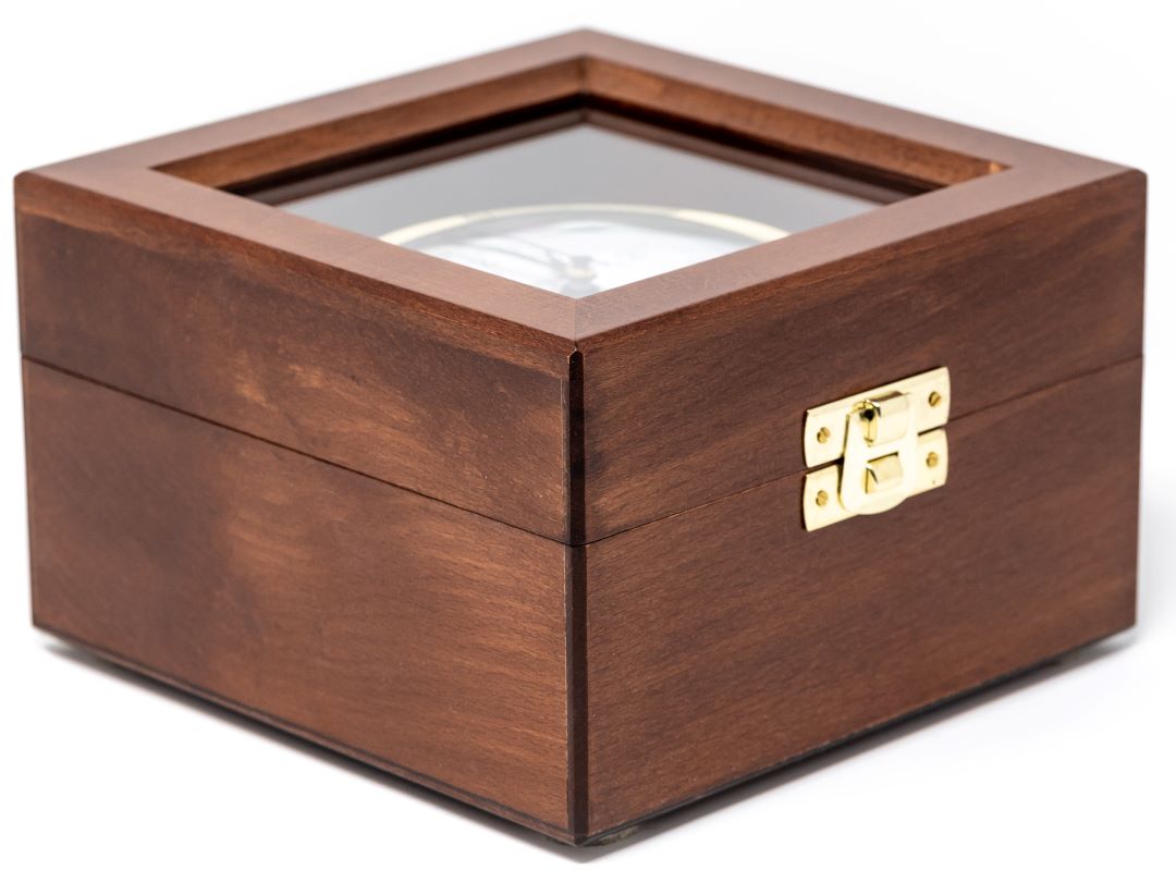 Wooden barometer box with glass top and brass latch for weather instruments