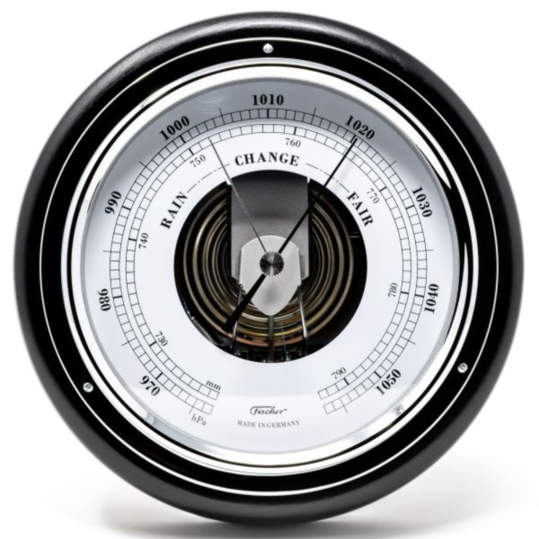 Round German barometer with black frame, white dial, and changeable weather indicators