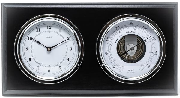 Wall-mounted weather station with a classic clock and barometer in a black frame