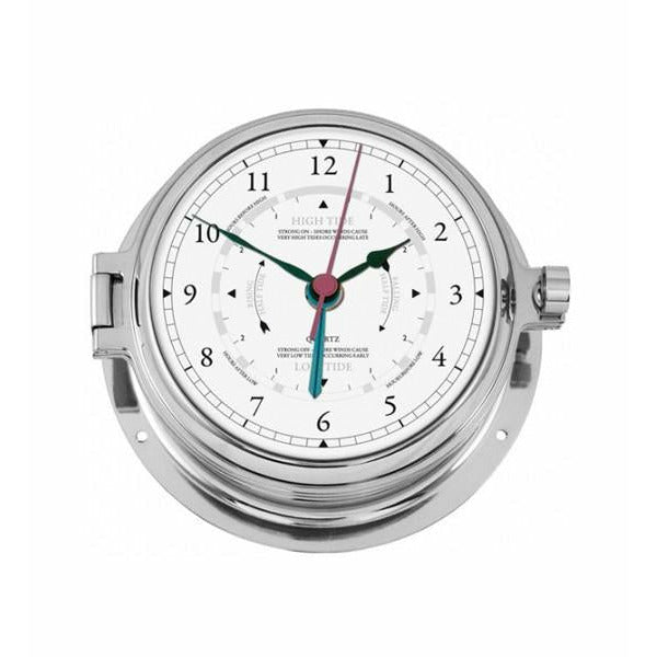 Nautical tide clock with chrome bezel and white dial, displaying tide and time