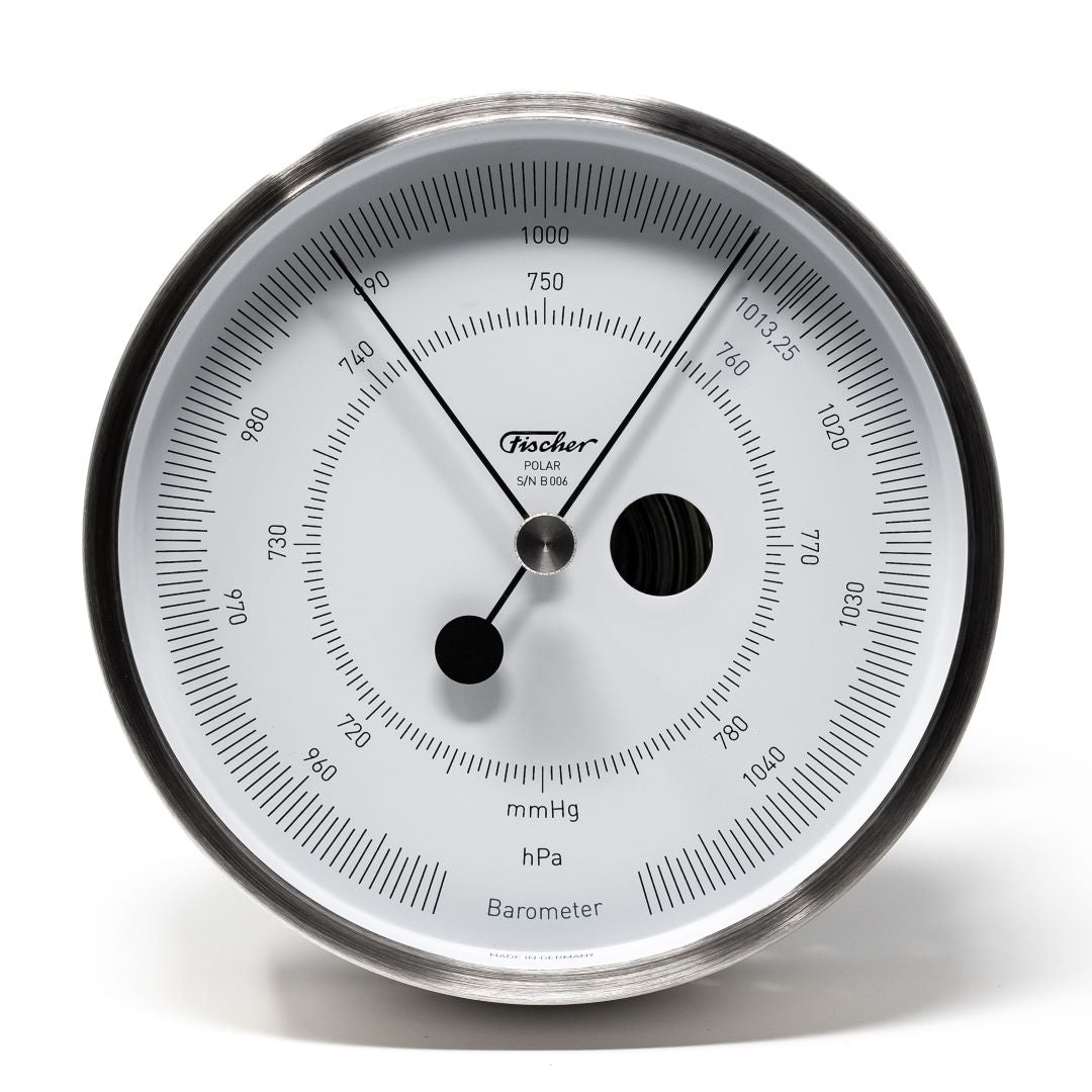 Analog German barometer with white dial, black metal case, pressure and mmHg scale.