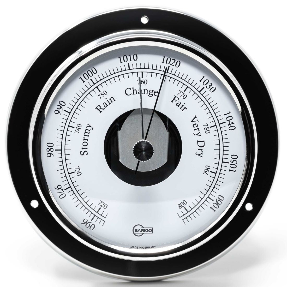 Round German made wall barometer with black frame and weather readings dial