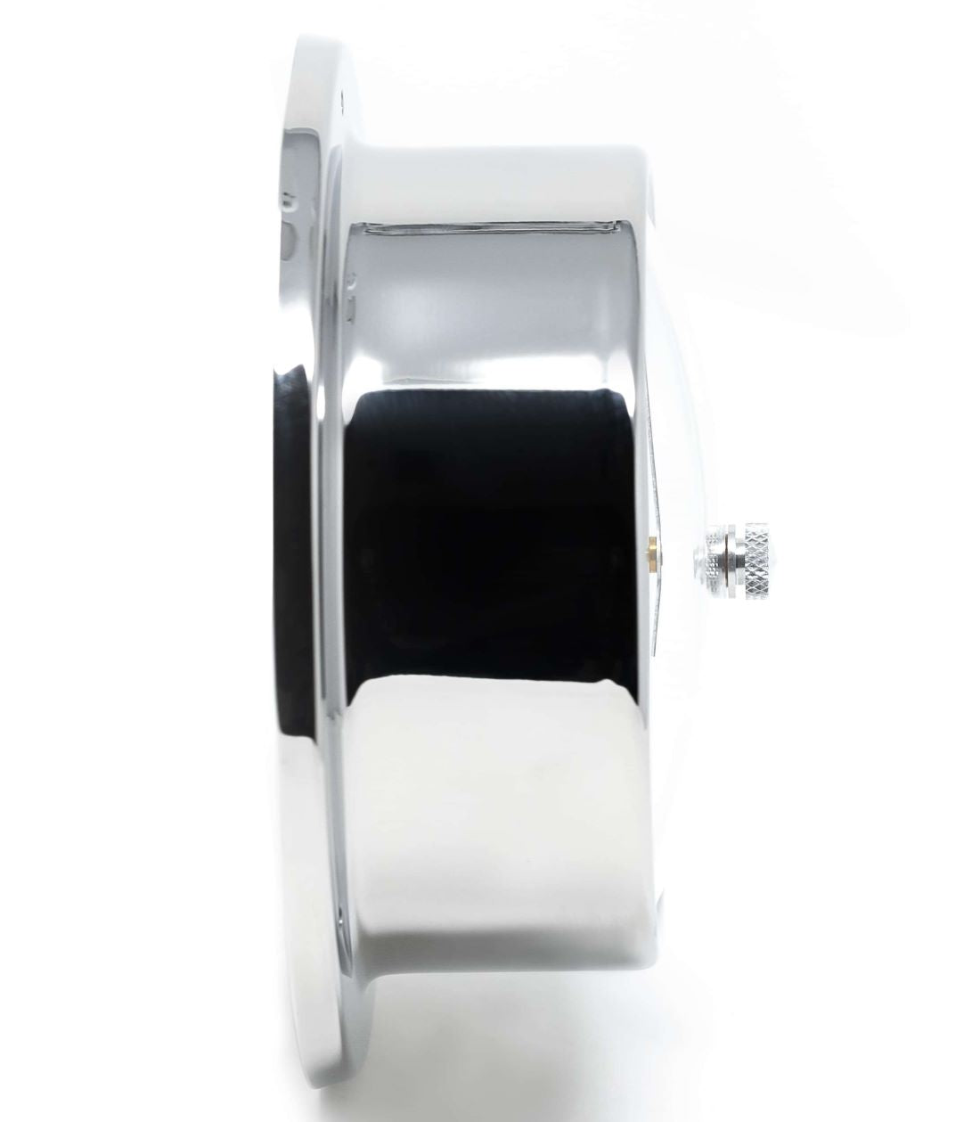 Side view of a polished chrome wall barometer with adjustment knob