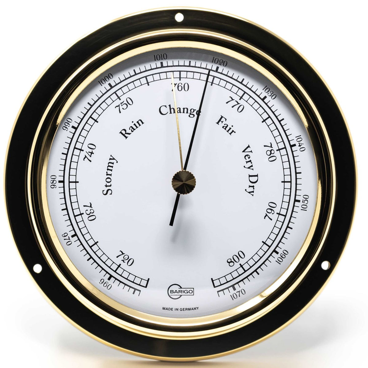 German-made brass barometer with analog dial, weather indicators, and precision markings