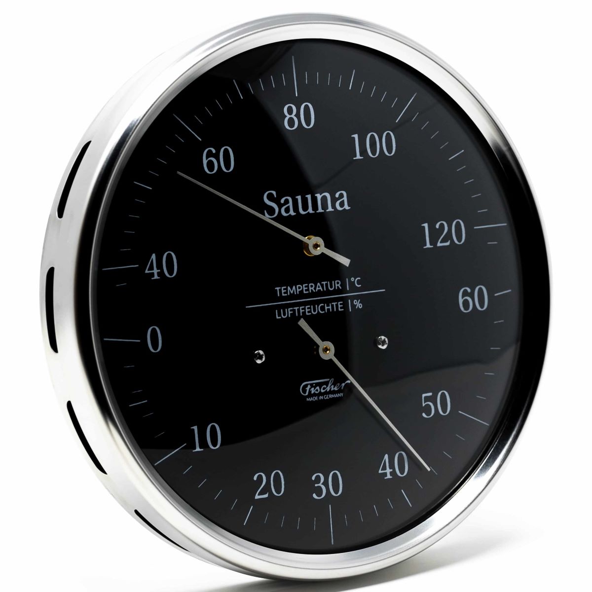 Round German-made sauna thermometer and hygrometer with black dial and silver frame.