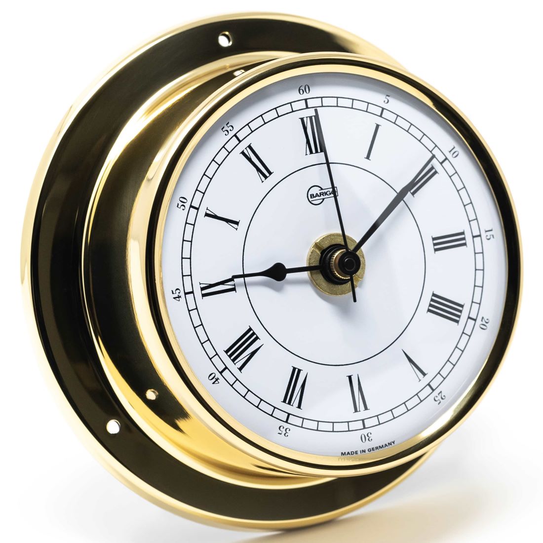 Brass nautical wall clock with Roman numerals and white dial, German made.