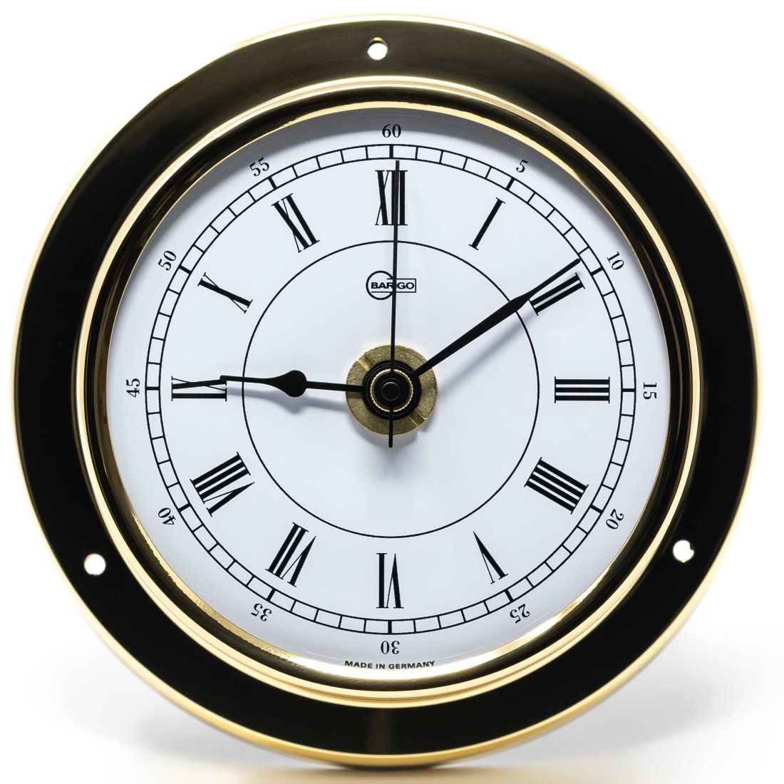German made nautical clock with brass bezel, Roman numerals, and white dial face