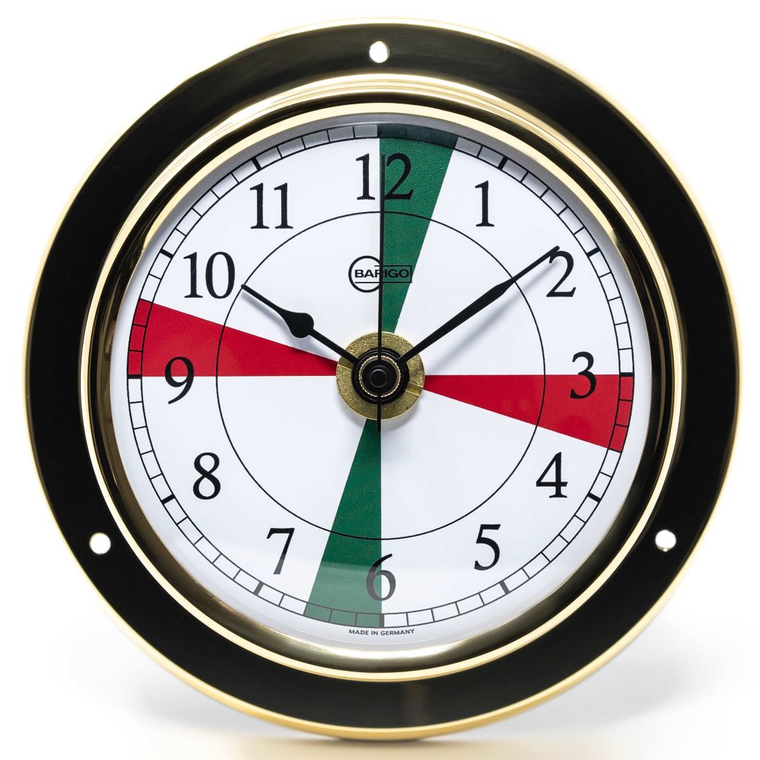 German made nautical brass bulkhead clock with red and green segments on white dial