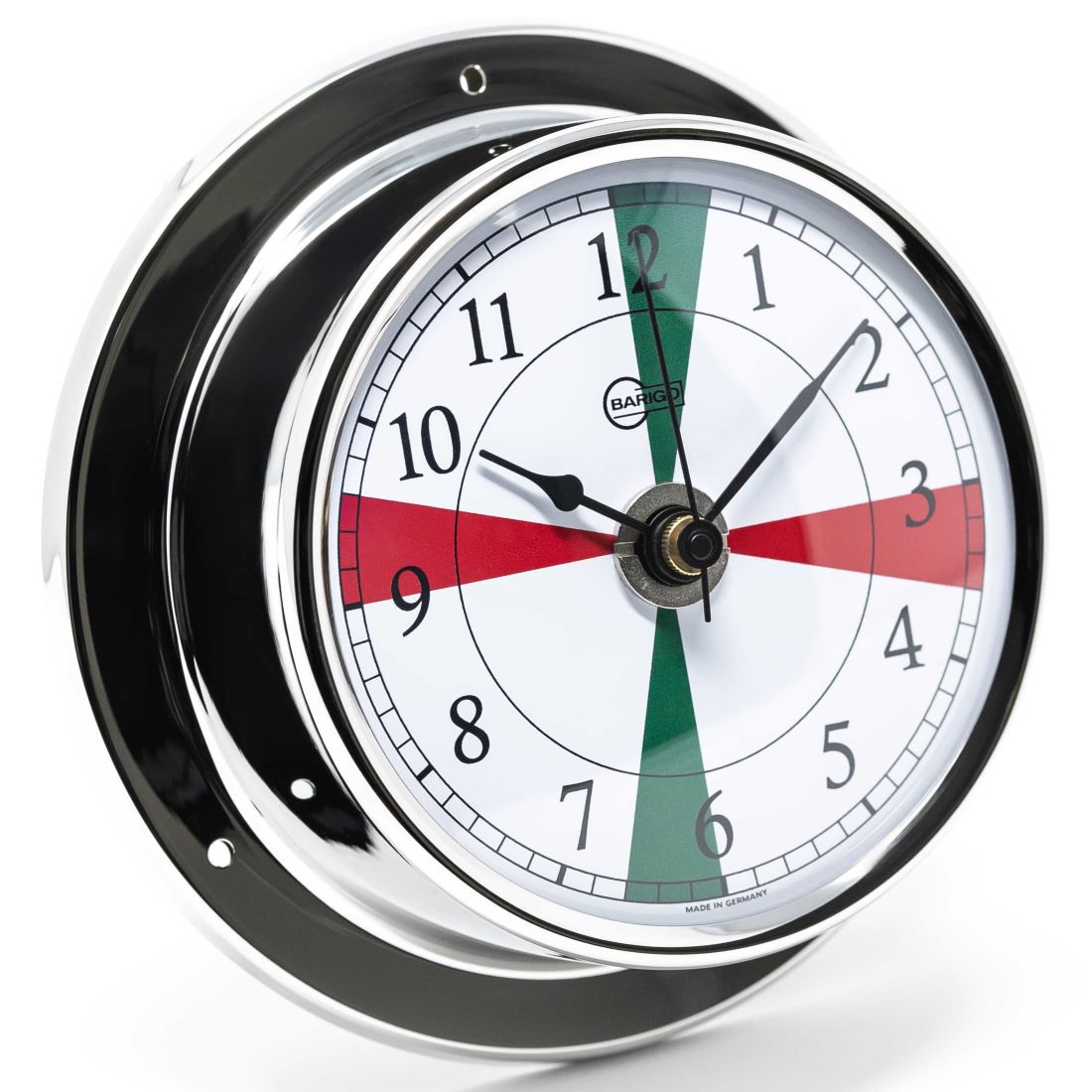 German nautical wall clock with chrome frame, tide and barometer markings