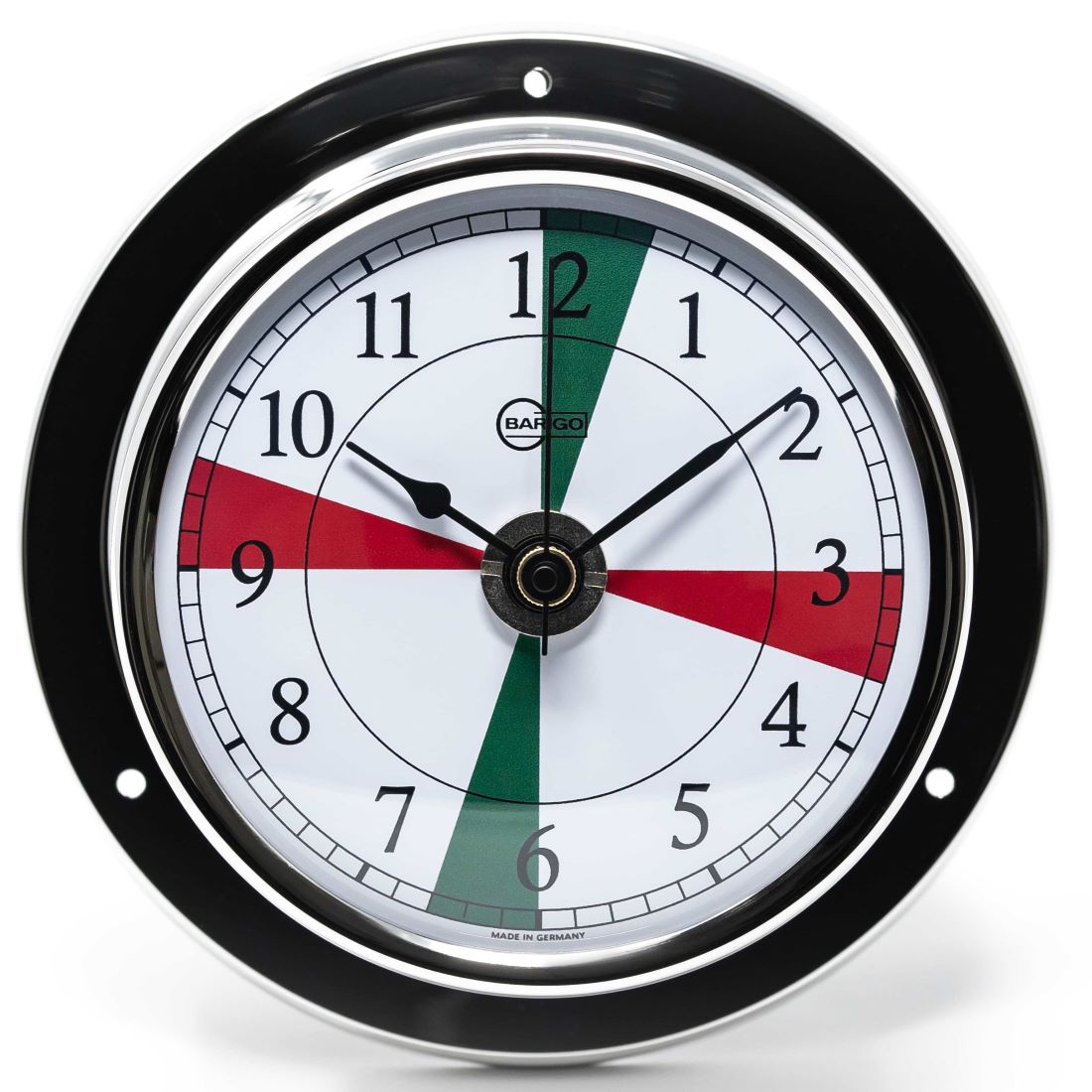 Nautical tide clock with black frame, red and green sectors, and German-made label