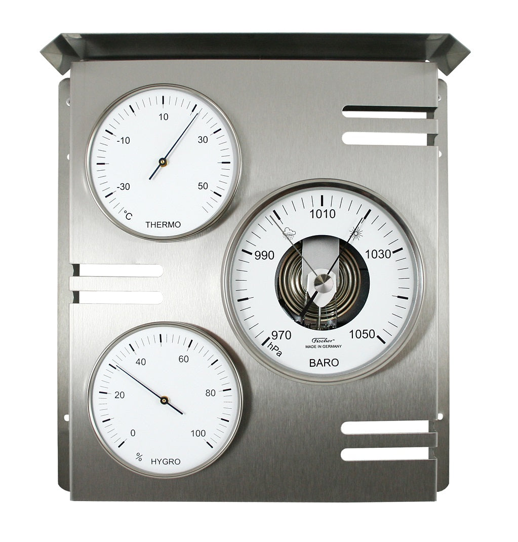 Metal wall-mounted device with three gauges for temperature, humidity, and barometric pressure.