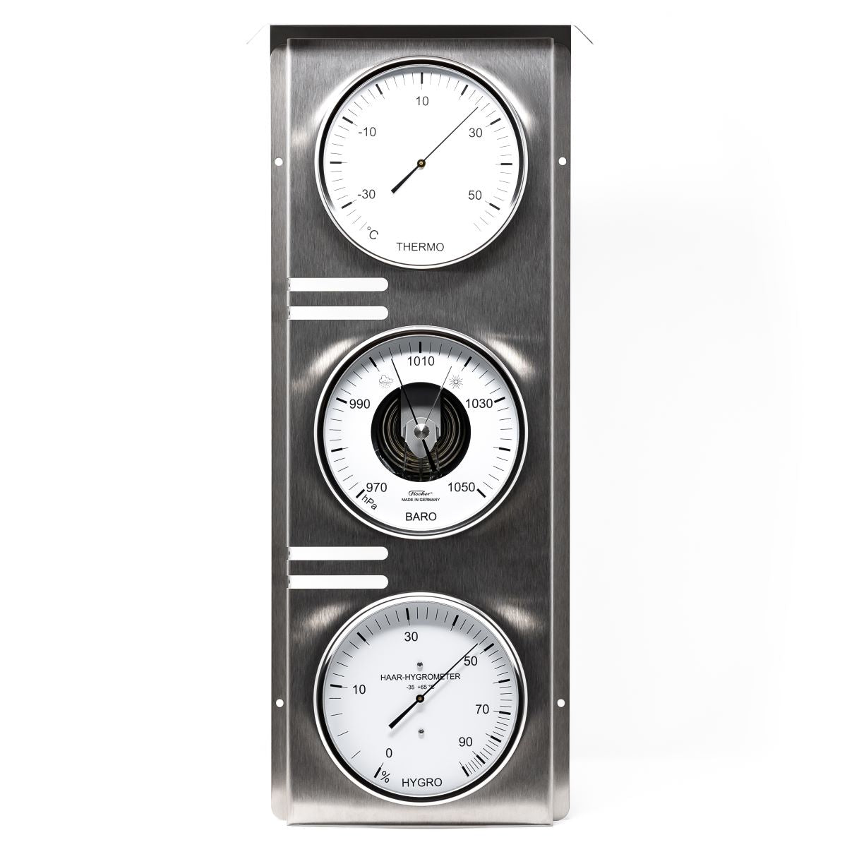 Stainless steel weather station with barometer, hygrometer, and thermometer dials.