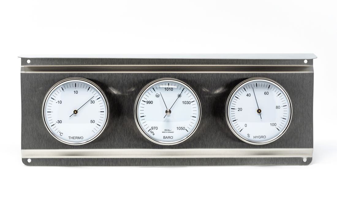 Three gauge panel with temperature, baro, and humidity indicators on a white background