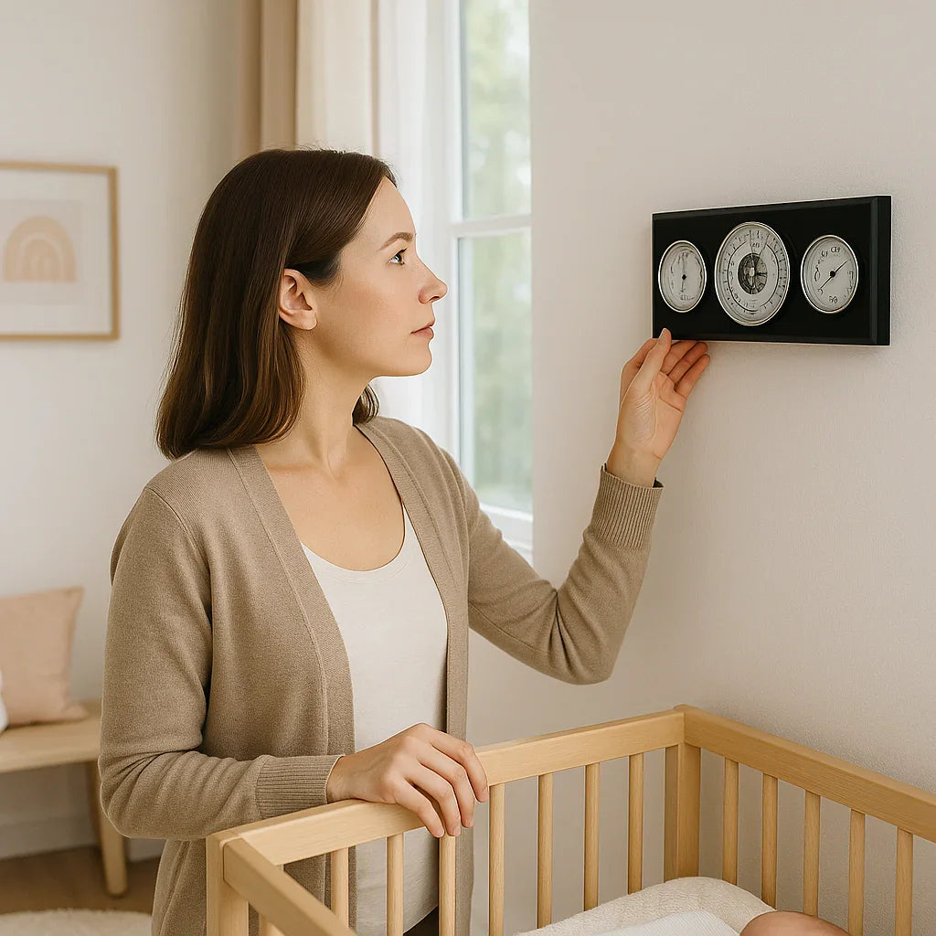 Woman adjusting modern black weather station with barometer, thermometer, hygrometer on wall