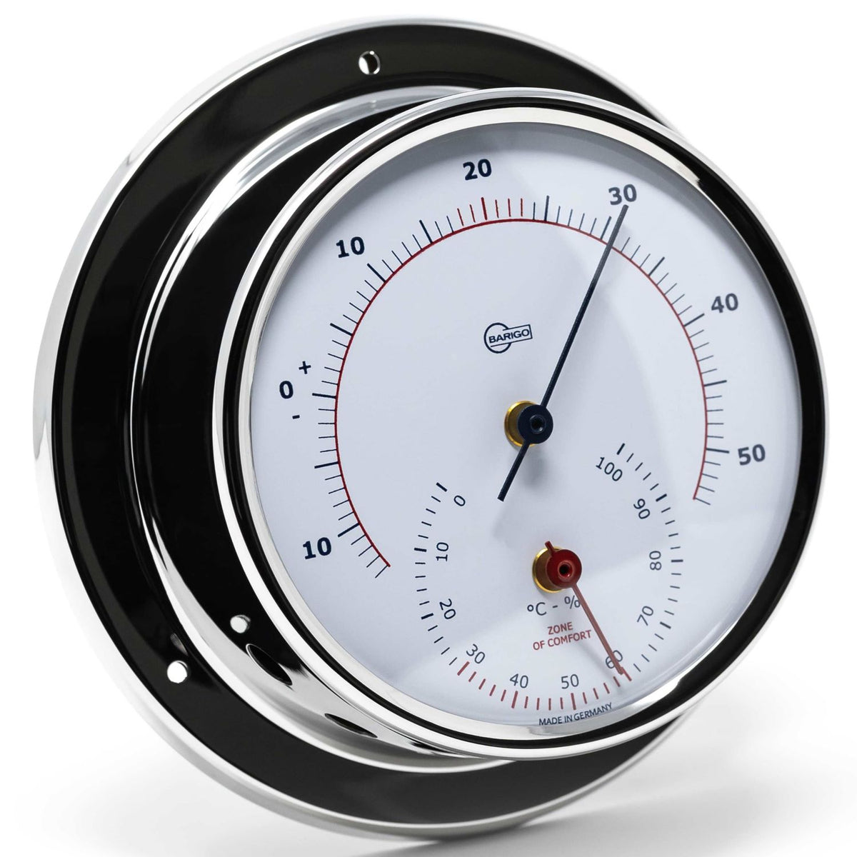 Round analog German barometer and hygrometer with chrome frame, wall-mounted weather instrument