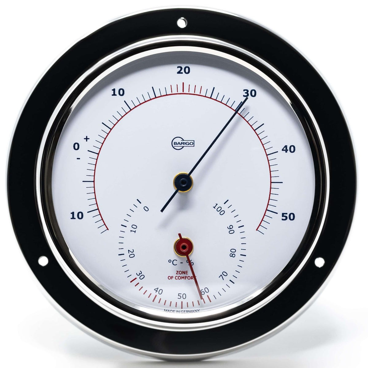 Round wall-mounted German barometer and hygrometer with black bezel and clear dial.