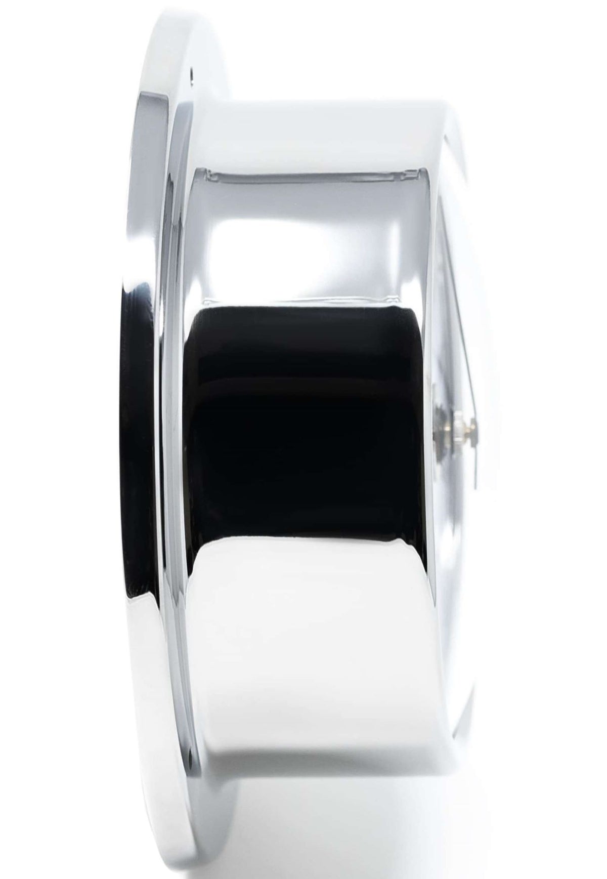 Side view of a polished chrome wall barometer, modern weather instrument design