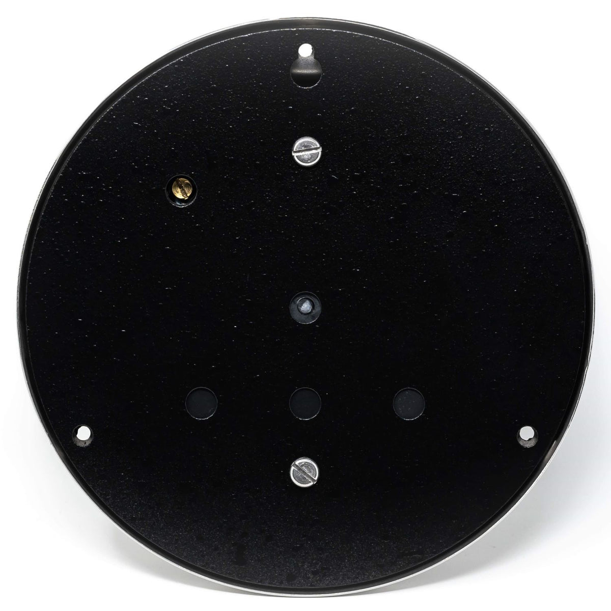 Back view of round black barometer or wall clock mounting plate with screw holes