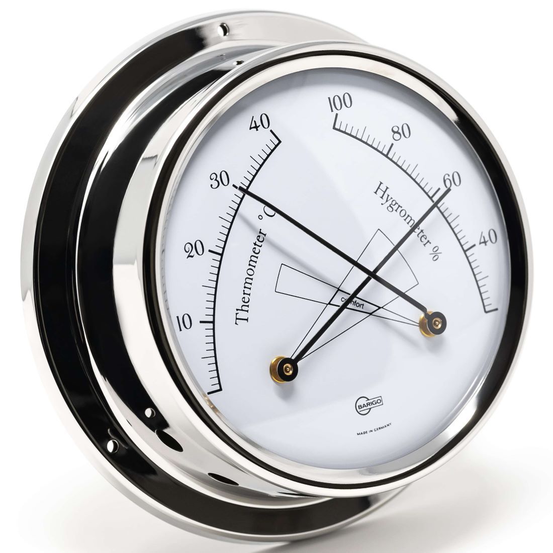 Chrome analog thermometer and hygrometer with white face, German made weather instrument