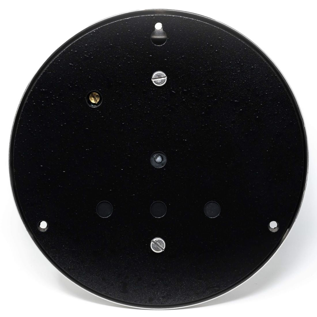 Back view of round black wall mount plate for barometer or clock with screw holes