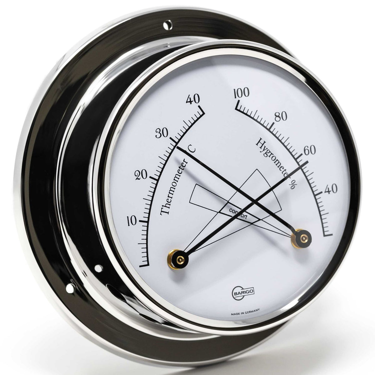German made wall-mounted thermometer and hygrometer with chrome frame, white dial