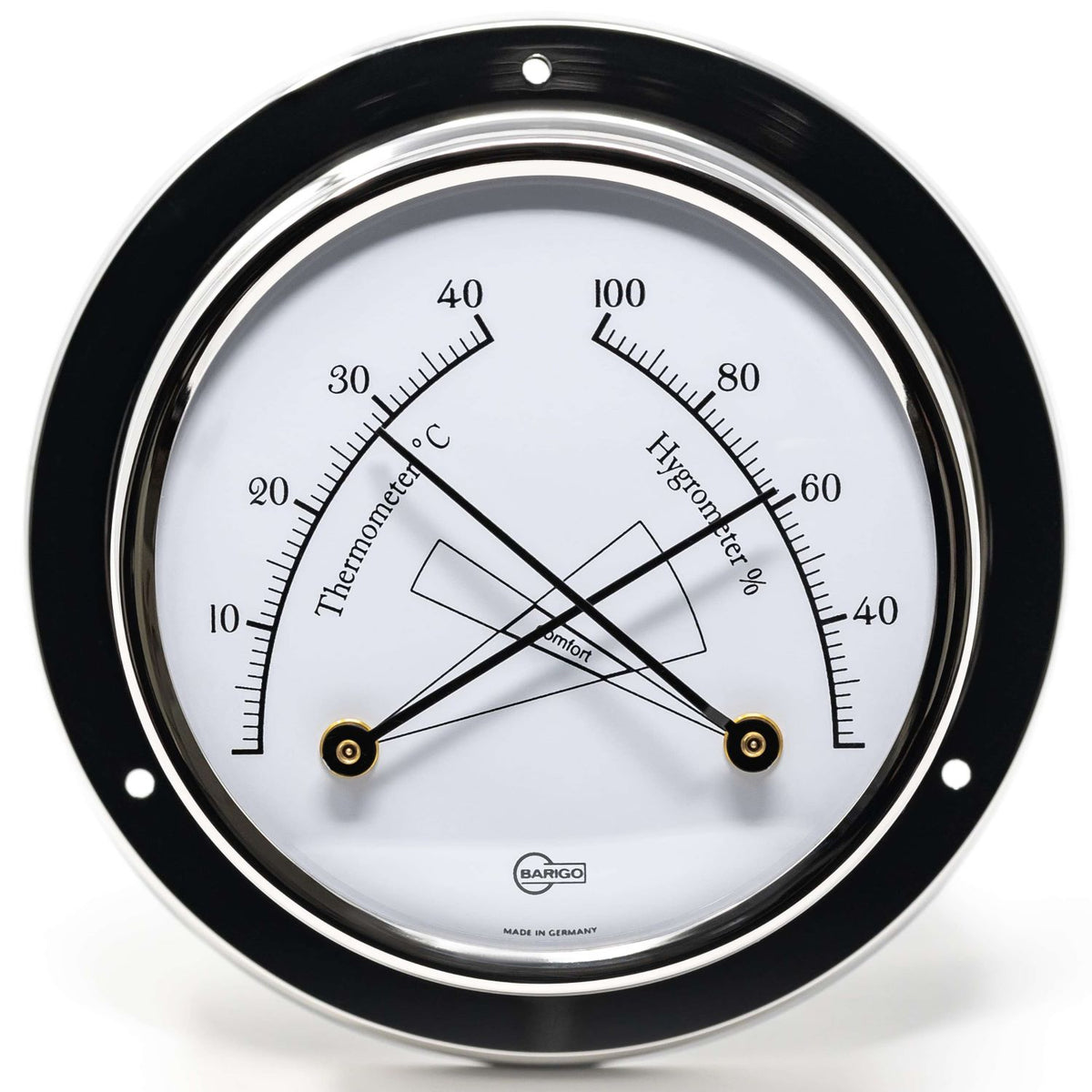 Round German-made wall-mount thermometer and hygrometer with black frame.