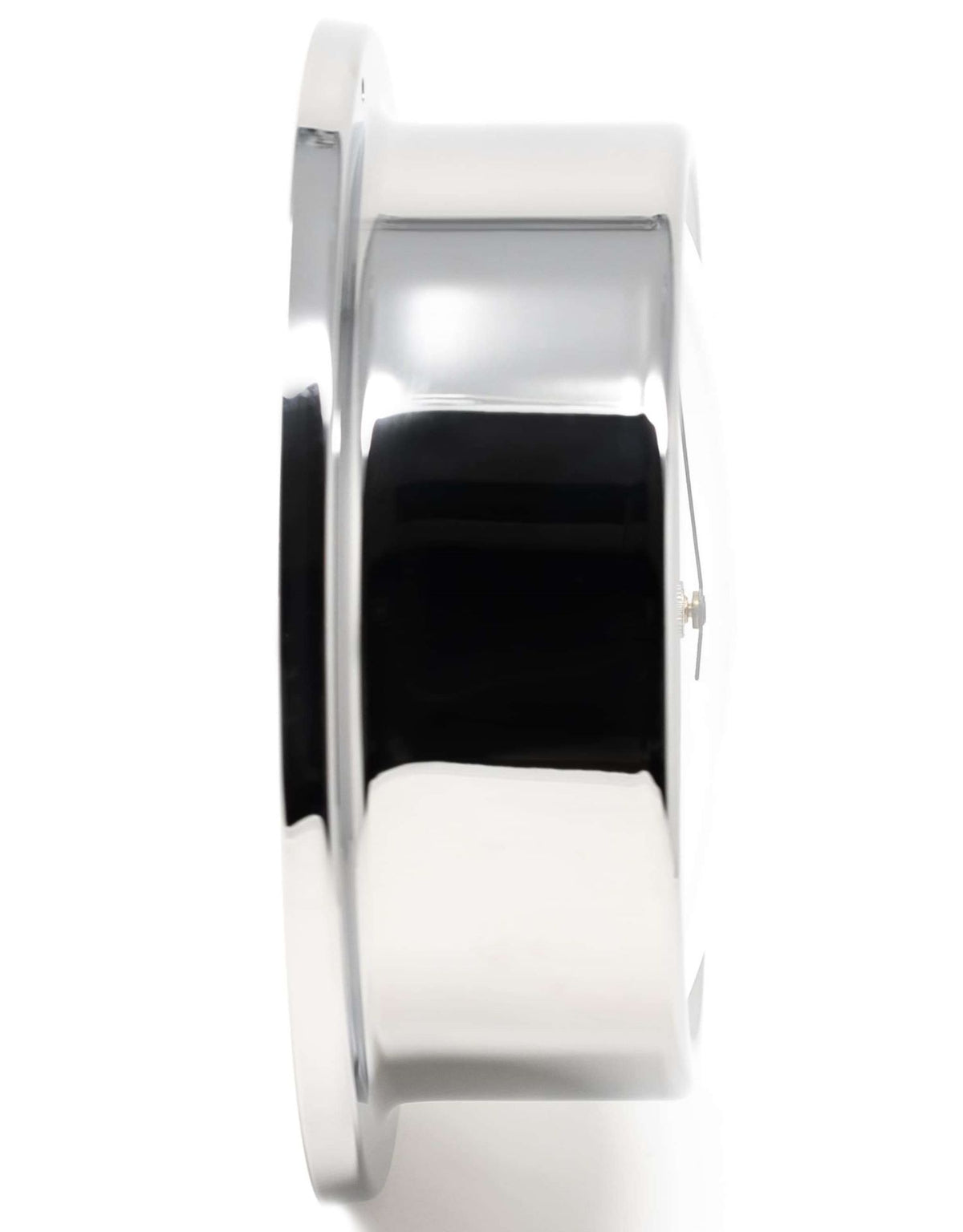 Side view of a polished chrome wall clock or barometer, modern nautical style
