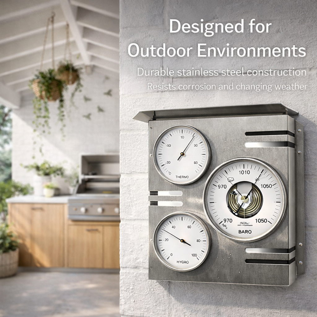 Multifunctional weather station on a wall with outdoor kitchen background