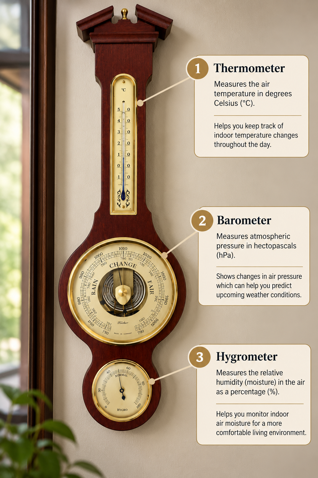 Sheraton Traditional Banjo Weatherstation - 3 in 1 - Hygrometer + Barometer + Thermometer | Mahogany & Brass | 540mm | 6699-22