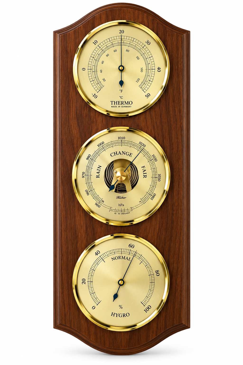 Indoor Weatherstation -3 in 1 - Hygrometer + Barometer + Thermometer | Walnut & Brass | 330mm x 130mm | 9176-12