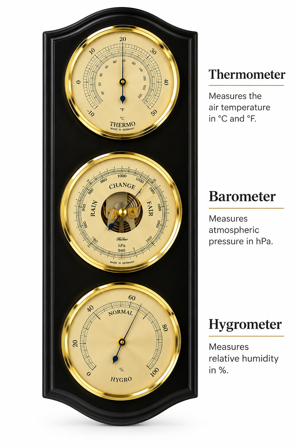Ebony & Brass Weatherstation-3 in 1 - Hygrometer + Barometer + Thermometer