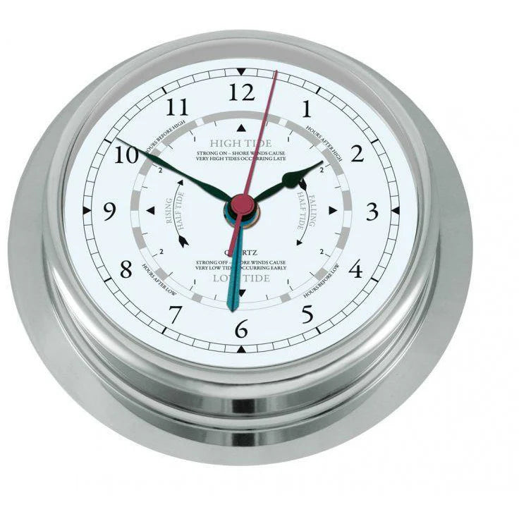 Stainless steel nautical tide clock with white face and black, red hands