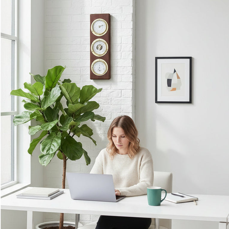 Modern Mahogany & Brass Weatherstation – 4-in-1 Hygrometer, Barometer, Thermometer & Tide Clock