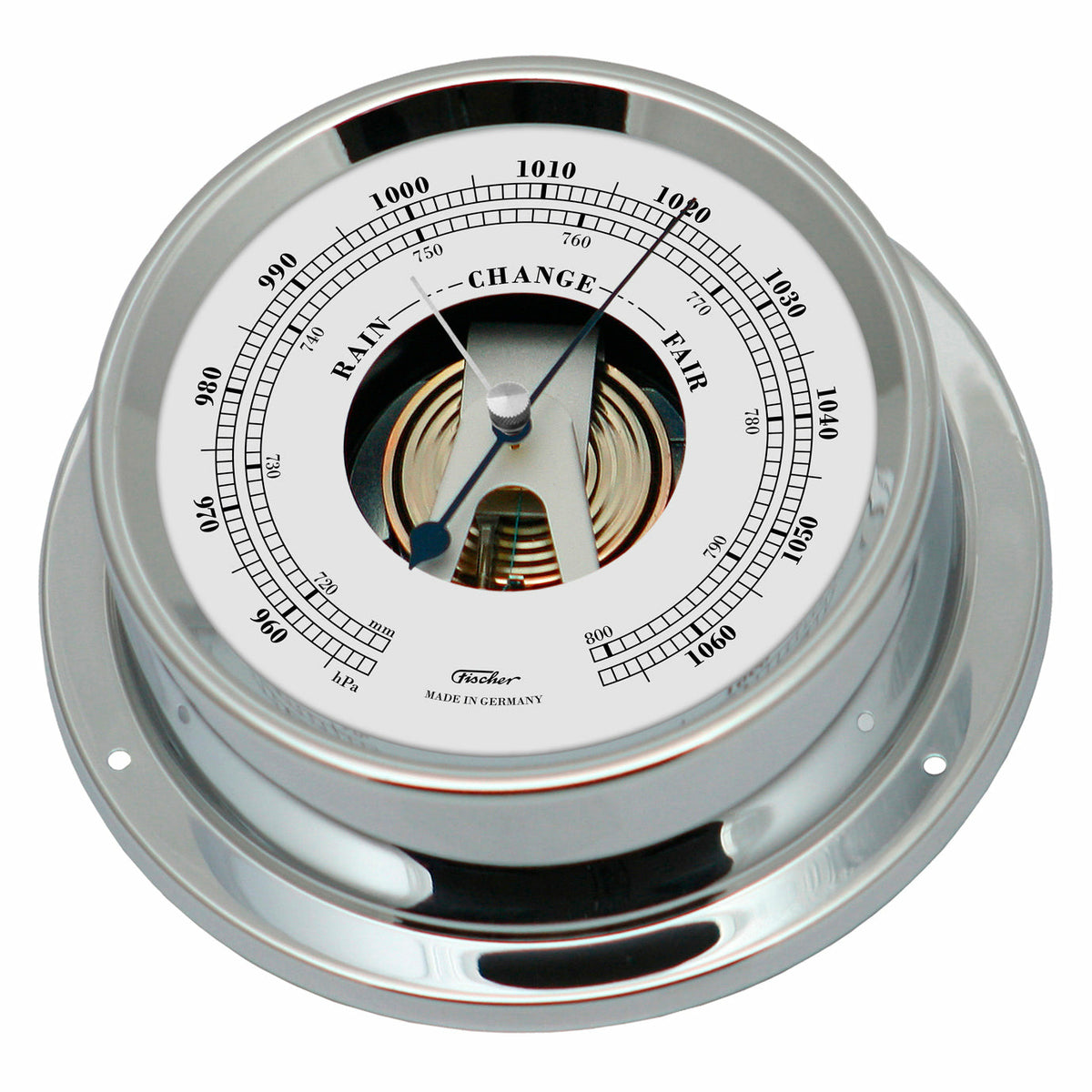 Polished chrome German barometer with clear dial displaying air pressure, rain to fair scale