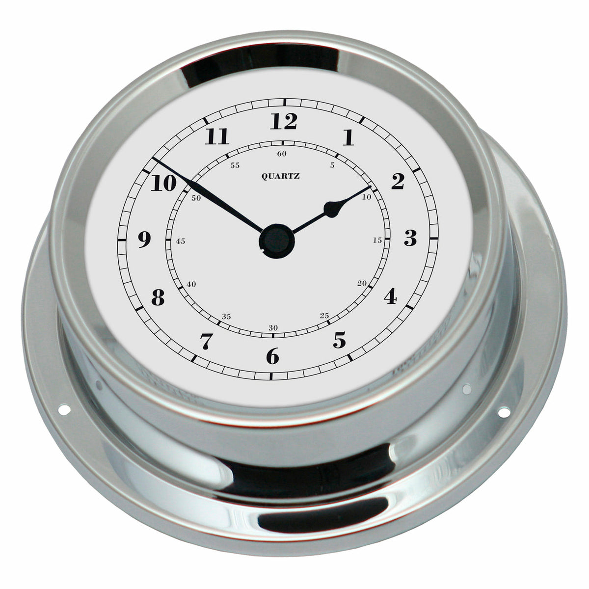 Chrome nautical quartz wall clock with white dial and bold black numerals