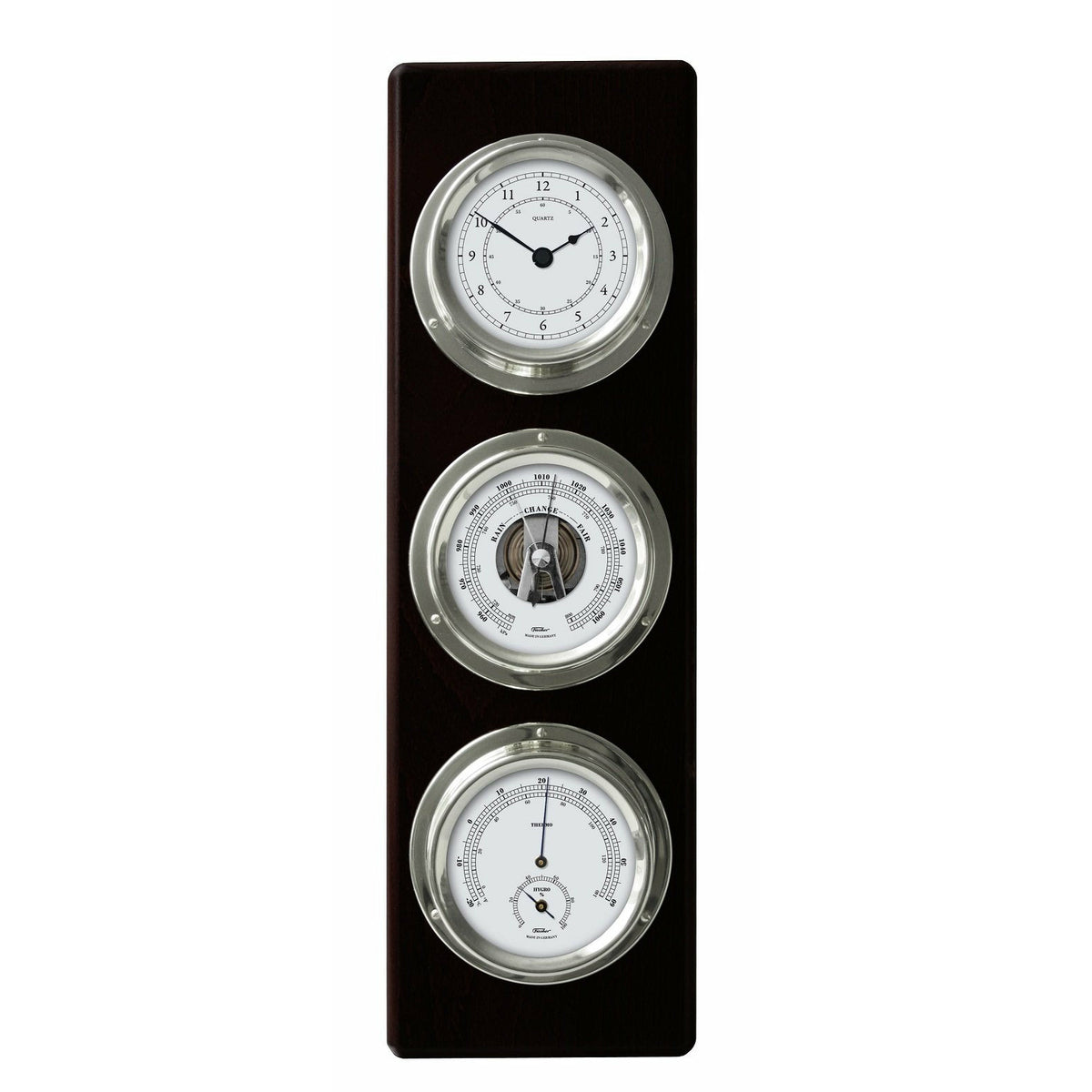 Modern Ebony & Chrome Weatherstation – 4-in-1 Hygrometer, Barometer, Thermometer & Quartz Clock