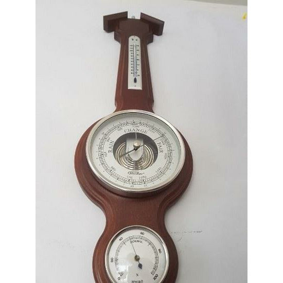 Traditional  Banjo Mahogany &amp; Chrome 555 mm Weatherstation -3 in 1 - Hygrometer + Barometer + Therometer