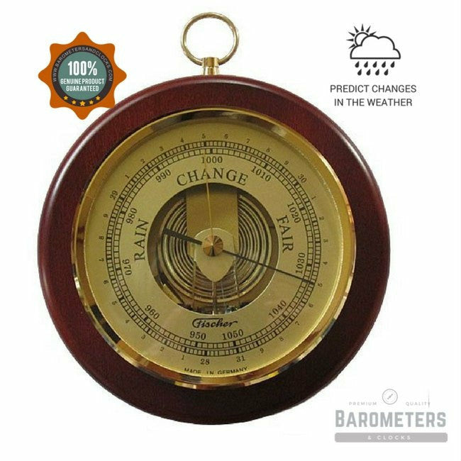 Classic round analog barometer with gold dial and wooden frame for accurate weather prediction