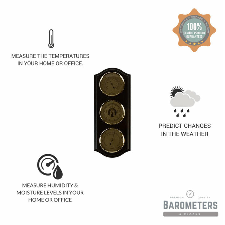 Ebony &amp; Brass Weatherstation-3 in 1 - Hygrometer + Barometer + Therometer