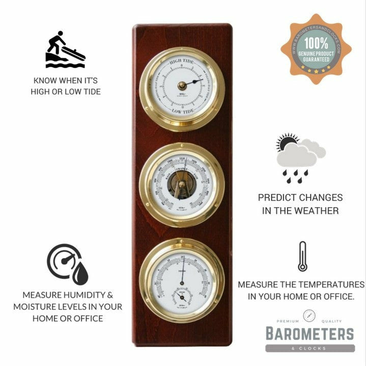 Modern Mahogany & Brass Weatherstation – 4-in-1 Hygrometer, Barometer, Thermometer & Tide Clock