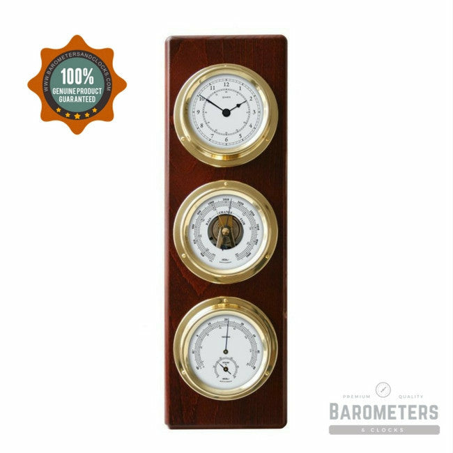 Modern Mahogany & Brass Weatherstation – 4-in-1 Hygrometer, Barometer, Thermometer & Quartz Clock